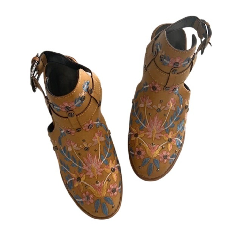 Boho Western Floral Embroidered Mules Size Chunky Block Heel Festival Vibes